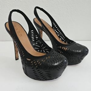 L.A.M.B. Lucas Platform Stiletto Heels Black Laser-Cut Leather Size 6.5